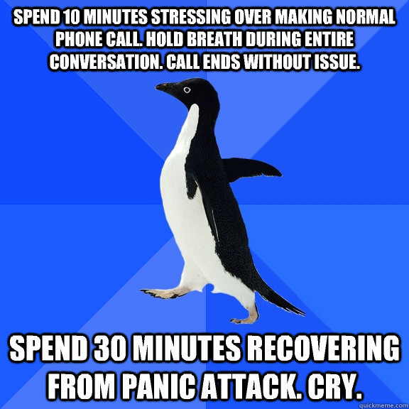 Spend 10 minutes stressing over making normal phone call. Hold breath during entire conversation. Call ends without issue. Spend 30 minutes recovering from panic attack. Cry.  Socially Awkward Penguin