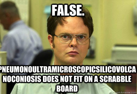 False. pneumonoultramicroscopicsilicovolcanoconiosis does not fit on a scrabble board  Schrute
