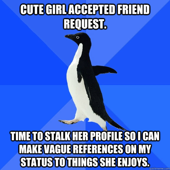 cute girl accepted friend request.  time to stalk her profile so I can make vague references on my status to things she enjoys.   Socially Awkward Penguin