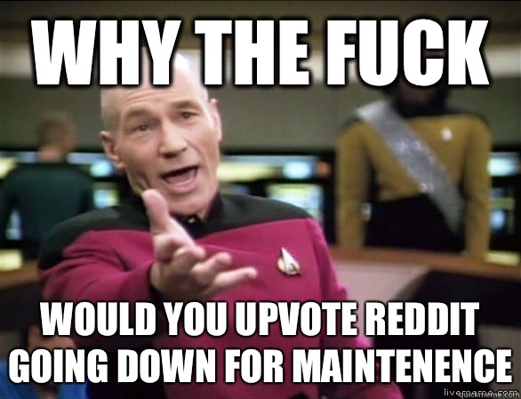 why the fuck would you upvote reddit going down for maintenence  Annoyed Picard HD