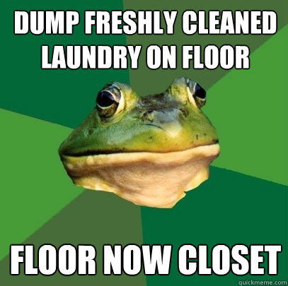 dump freshly cleaned laundry on floor floor now closet  Foul Bachelor Frog