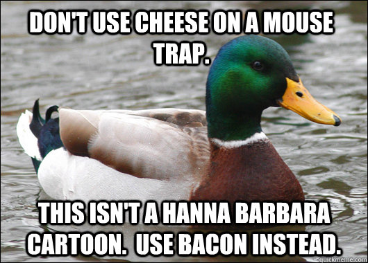 Don't use cheese on a mouse trap. This isn't a hanna barbara cartoon.  use bacon instead.  Actual Advice Mallard