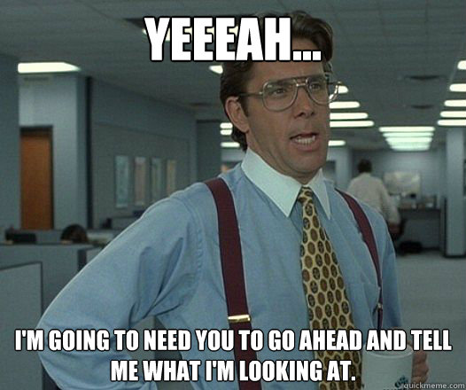 YEEEAH... I'M GOING TO NEED YOU TO GO AHEAD AND TELL ME WHAT I'M LOOKING AT.
 - YEEEAH... I'M GOING TO NEED YOU TO GO AHEAD AND TELL ME WHAT I'M LOOKING AT.
  Bill Lumbergh - Thatd be great.