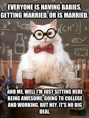 Everyone is having babies, getting married, or is married.  And me, well I'm just sitting here being awesome, going to college and working. But hey, it's no big deal. - Everyone is having babies, getting married, or is married.  And me, well I'm just sitting here being awesome, going to college and working. But hey, it's no big deal.  Chemistry Cat