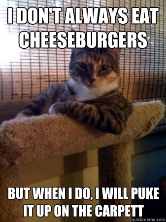 I don't always eat cheeseburgers but when I do, I will puke it up on the carpett  The Most Interesting Cat in the World