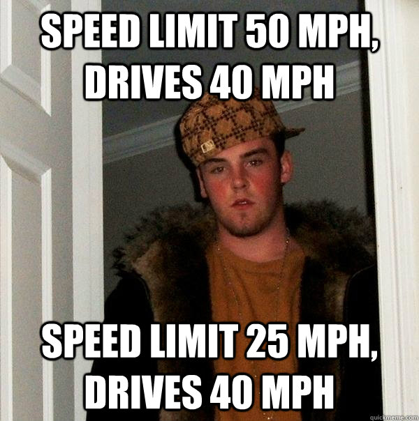 Speed limit 50 MPH, drives 40 MPH Speed limit 25 MPH, drives 40 MPH  Scumbag Steve