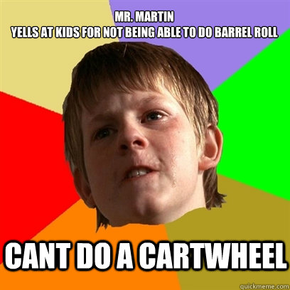 mr. Martin
Yells at kids for not being able to do barrel roll cant do a cartwheel   Angry School Boy