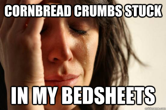cornbread crumbs stuck in my bedsheets - cornbread crumbs stuck in my bedsheets  First World Problems