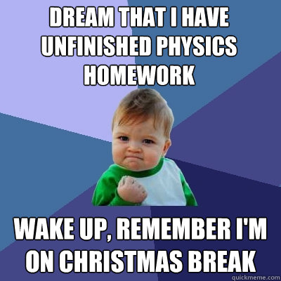 dream that I have unfinished physics homework wake up, remember i'm on christmas break  Success Kid