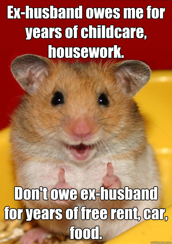 Ex-husband owes me for years of childcare, housework. Don't owe ex-husband for years of free rent, car, food.   Rationalization Hamster
