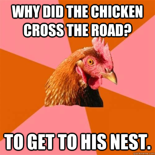 why did the chicken cross the road? to get to his nest.  Anti-Joke Chicken
