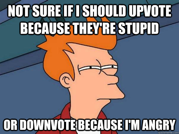 Not sure if I should Upvote because they're stupid or downvote because I'm angry - Not sure if I should Upvote because they're stupid or downvote because I'm angry  Futurama Fry