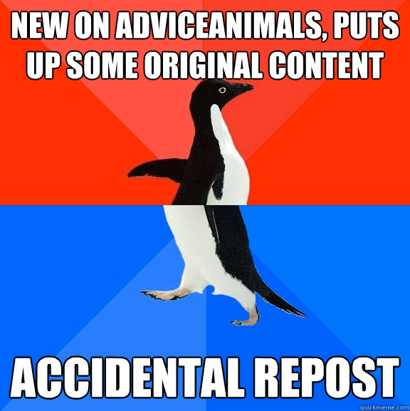 New on adviceanimals, puts up some original content  accidental repost   Socially Awesome Awkward Penguin