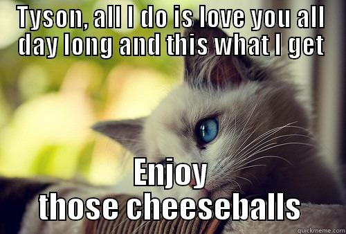 TYSON, ALL I DO IS LOVE YOU ALL DAY LONG AND THIS WHAT I GET ENJOY THOSE CHEESEBALLS First World Problems Cat