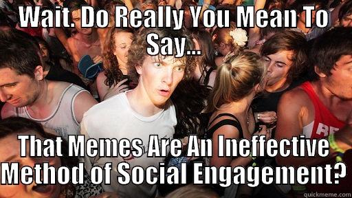 WAIT. DO REALLY YOU MEAN TO SAY... THAT MEMES ARE AN INEFFECTIVE METHOD OF SOCIAL ENGAGEMENT? Sudden Clarity Clarence