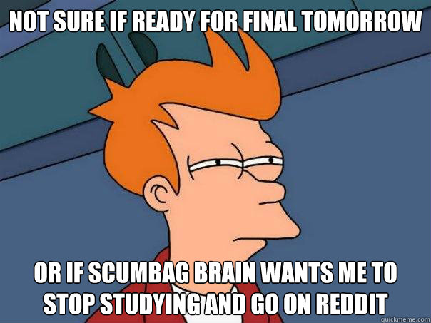 Not sure if ready for final tomorrow Or if scumbag brain wants me to stop studying and go on reddit  Futurama Fry
