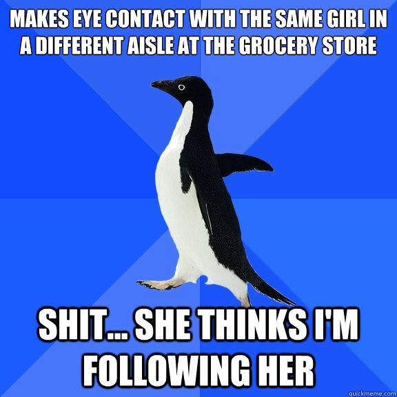 makes eye contact with the same girl in a different aisle at the grocery store shit... she thinks i'm following her  Socially Awkward Penguin