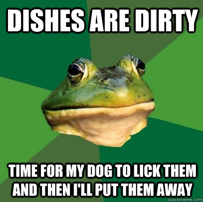 Dishes are dirty time for my dog to lick them and then I'll put them away  Foul Bachelor Frog