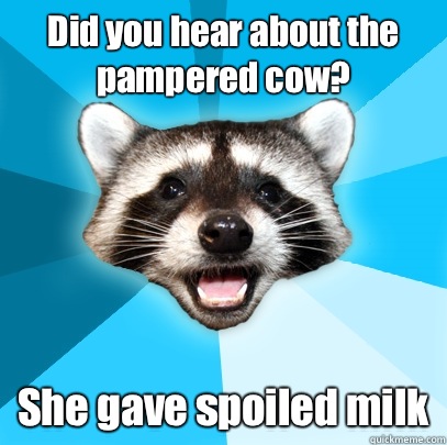 Did you hear about the pampered cow? She gave spoiled milk  Lame Pun Coon