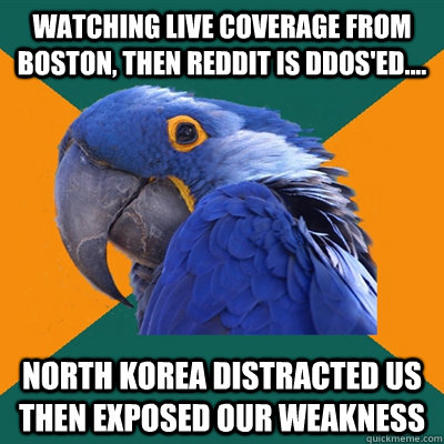Watching live coverage from boston, THEN Reddit is DDoS'ed.... NORTH KOREA DISTRACTED US THEN EXPOSED OUR WEAKNESS  Paranoid Parrot