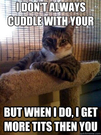 I don't always cuddle with your girlfriend, but when I do, I get more tits then you  The Most Interesting Cat in the World