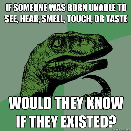 If someone was born unable to see, hear, smell, touch, or taste would they know if they existed? - If someone was born unable to see, hear, smell, touch, or taste would they know if they existed?  Misc