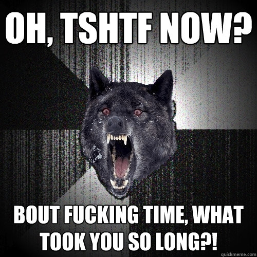 Oh, tshtf now? bout fucking time, what took you so long?!  Insanity Wolf