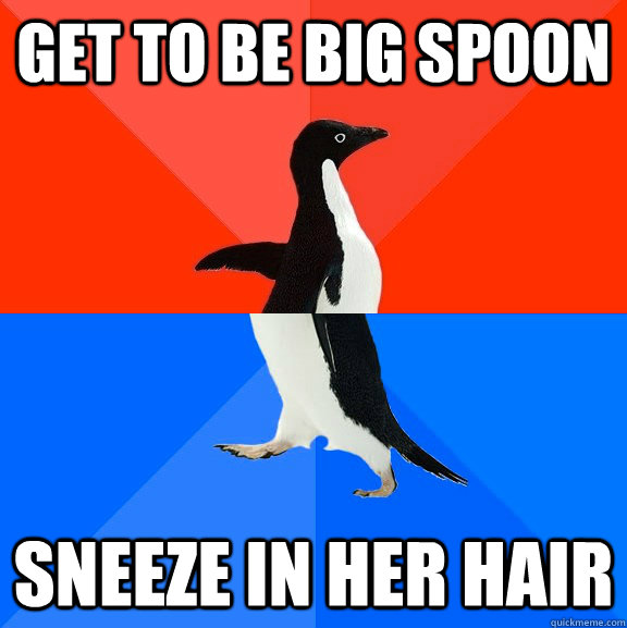 Get to be big spoon sneeze in her hair  Socially Awesome Awkward Penguin