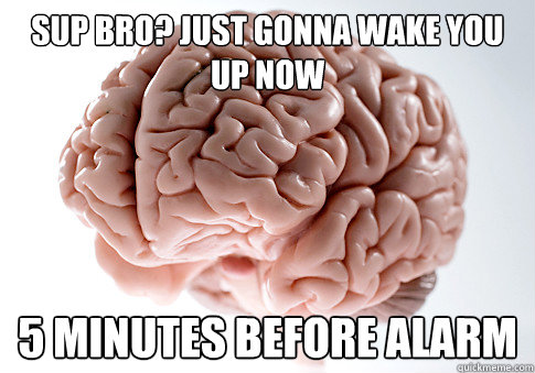 Sup bro? Just gonna wake you up now 5 minutes before alarm  Scumbag Brain