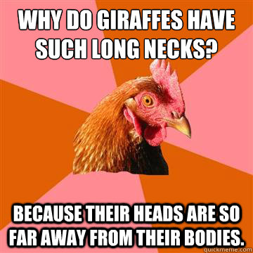 Why do giraffes have such long necks? Because their heads are so far away from their bodies.  Anti-Joke Chicken