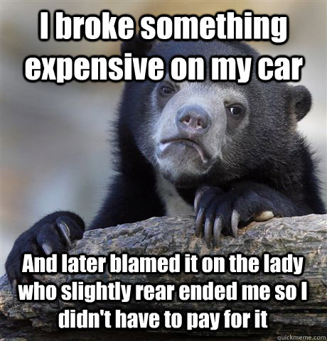 I broke something expensive on my car And later blamed it on the lady who slightly rear ended me so I didn't have to pay for it  Confession Bear