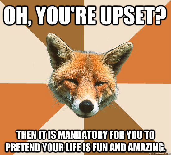 Oh, you're upset? Then it is mandatory for you to pretend your life is fun and amazing.  Condescending Fox