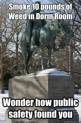Smoke 10 pounds of
Weed in Dorm Room Wonder how public safety found you  Drew University Meme