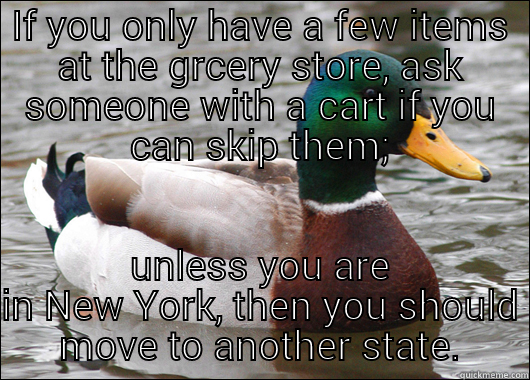 IF YOU ONLY HAVE A FEW ITEMS AT THE GRCERY STORE, ASK SOMEONE WITH A CART IF YOU CAN SKIP THEM; UNLESS YOU ARE IN NEW YORK, THEN YOU SHOULD MOVE TO ANOTHER STATE. Actual Advice Mallard