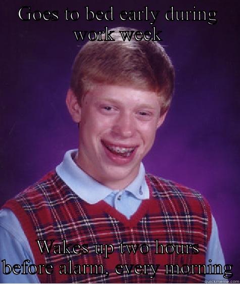 GOES TO BED EARLY DURING WORK WEEK WAKES UP TWO HOURS BEFORE ALARM, EVERY MORNING Bad Luck Brian