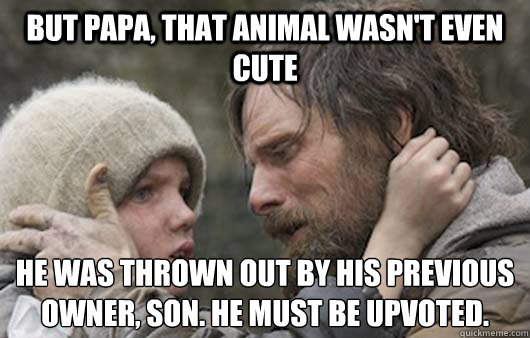 But papa, that animal wasn't even cute He was thrown out by his previous owner, son. He must be upvoted.
  Viggo Explains Reddit