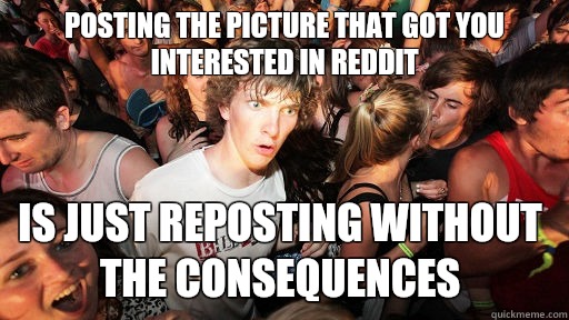 Posting the picture that got you interested in Reddit Is just reposting without the consequences  Sudden Clarity Clarence