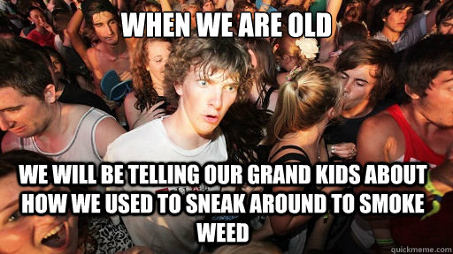 when we are old we will be telling our grand kids about how we used to sneak around to smoke weed   Sudden Clarity Clarence