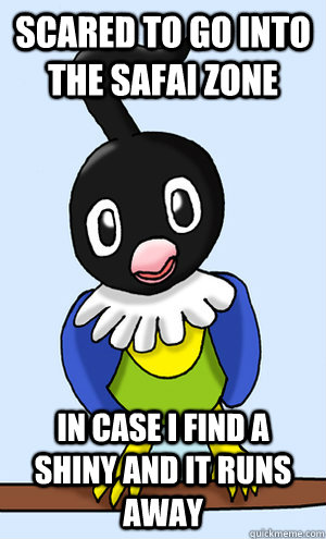 scared to go into the safai zone in case i find a shiny and it runs away - scared to go into the safai zone in case i find a shiny and it runs away  Misc