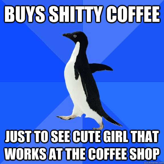 buys shitty coffee just to see cute girl that works at the coffee shop  Socially Awkward Penguin
