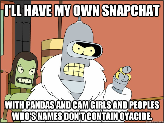 I'll have my own snapchat with pandas and cam girls and peoples who's names don't contain oyacide.  BENDER STATE MEET
