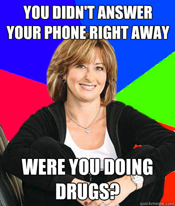 you didn't answer your phone right away were you doing drugs?  Sheltering Suburban Mom