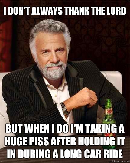 i don't always thank the lord but when i do I'm taking a huge piss after holding it in during a long car ride  The Most Interesting Man In The World