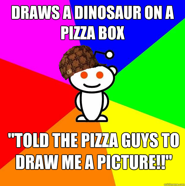 Draws a dinosaur on a pizza box 
