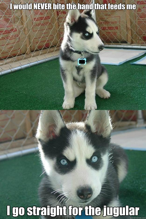 I would NEVER bite the hand that feeds me I go straight for the jugular  Insanity puppy