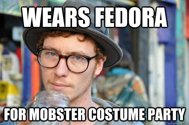 wears fedora for mobster costume party  