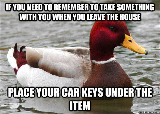 if you need to remember to take something with you when you leave the house Place your car keys under the item  Malicious Advice Mallard