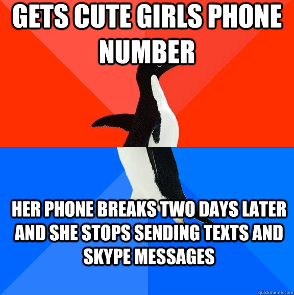 Gets cute girls phone number Her phone breaks two days later and she stops sending texts and skype messages  Socially Awesome Awkward Penguin