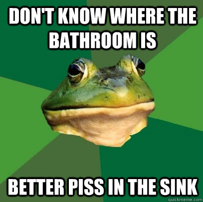 Don't know where the bathroom is Better piss in the sink  Foul Bachelor Frog