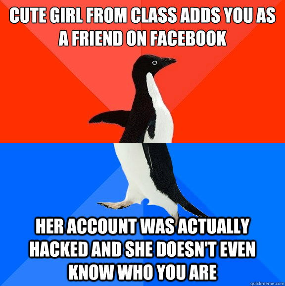 cute girl from class adds you as a friend on facebook her account was actually hacked and she doesn't even know who you are  Socially Awesome Awkward Penguin